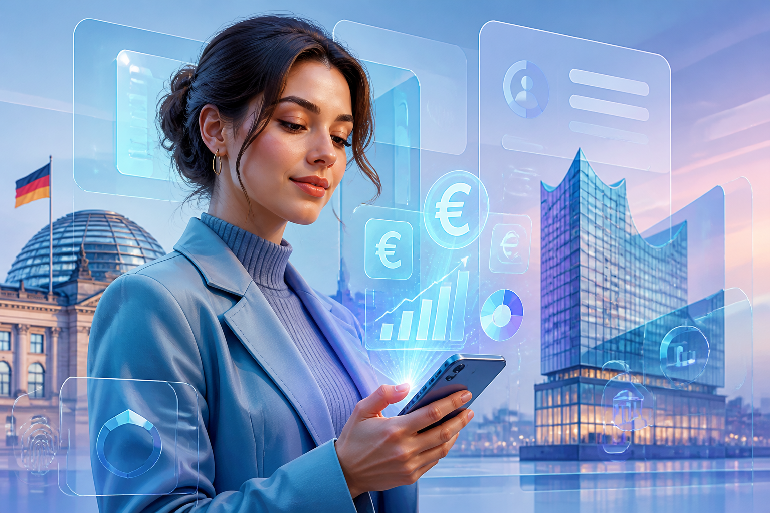 A young person using a futuristic AI budgeting app on a smartphone with holographic financial data.