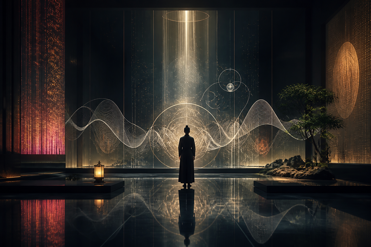 A sophisticated digital art installation in Tokyo showing light beams and abstract sound waves surrounding a visitor.