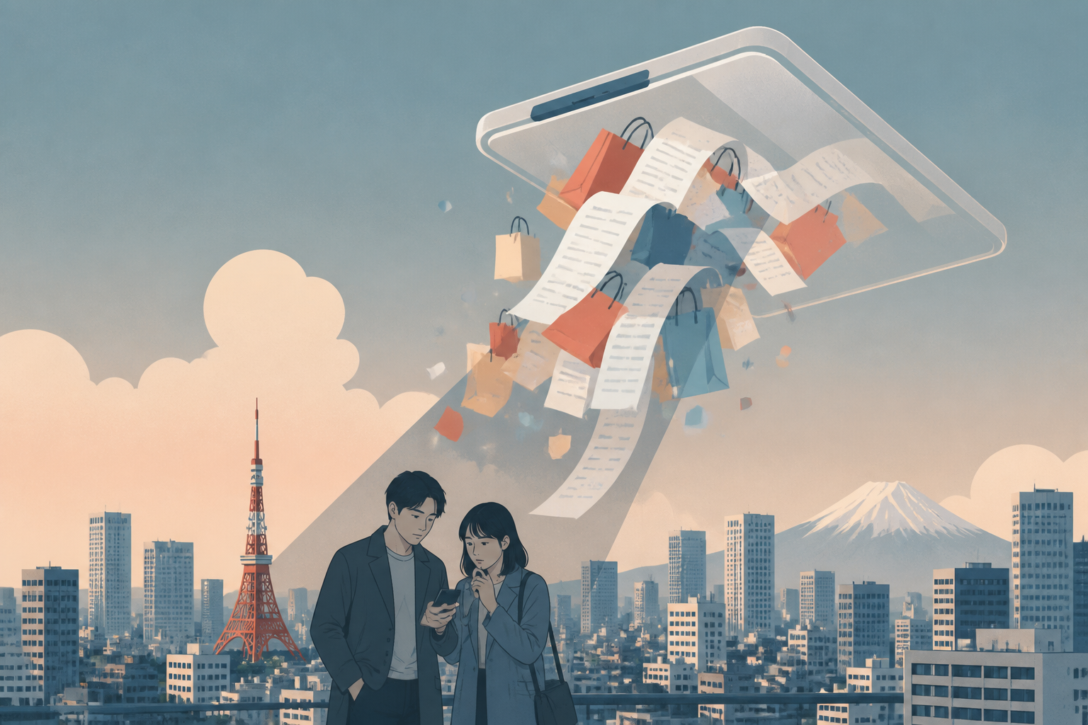 A digital smartphone leaking colorful shopping receipts over a modern Japanese city street, symbolizing the BNPL trend.