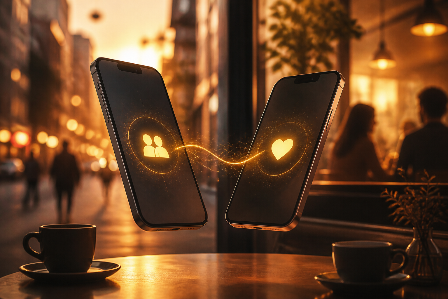 Zwei Smartphones mit leuchtenden Beziehungs-Icons vor dem Hintergrund eines gemütlichen, sonnendurchfluteten Cafés.