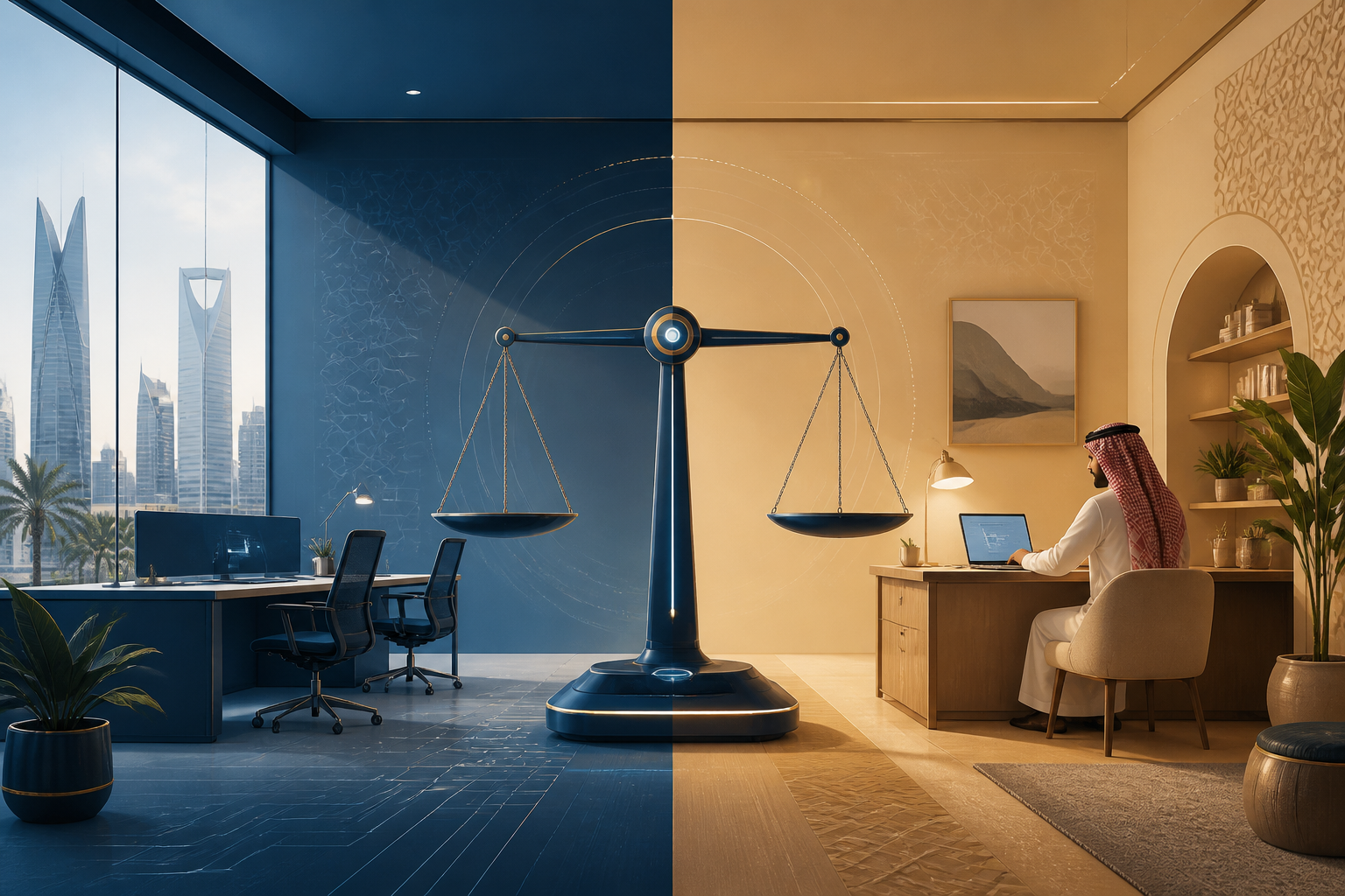A balanced scale comparing a modern office skyscraper and a home office desk, symbolizing labor law equity.