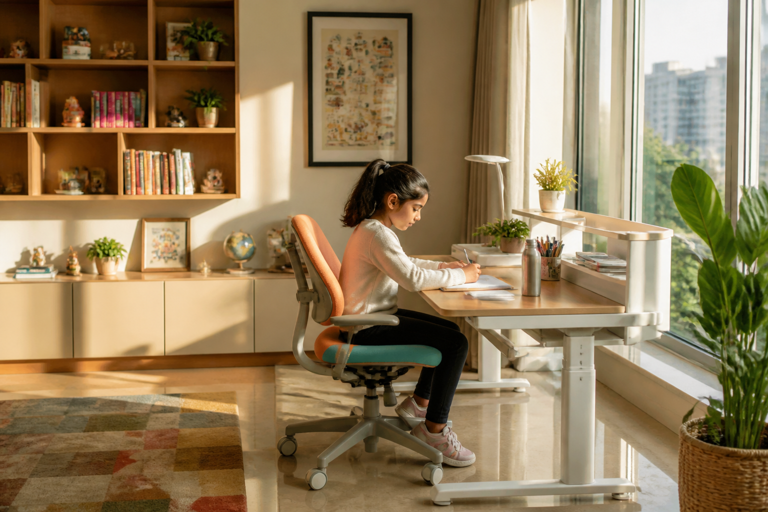 A modern kids' study room featuring an adjustable ergonomic standing desk with books and a laptop.