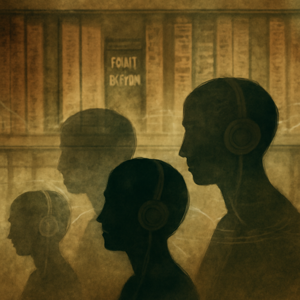 Silhouettes of people with headphones over a vintage bookshelf of Hindi literature, representing listening to literary podcasts.