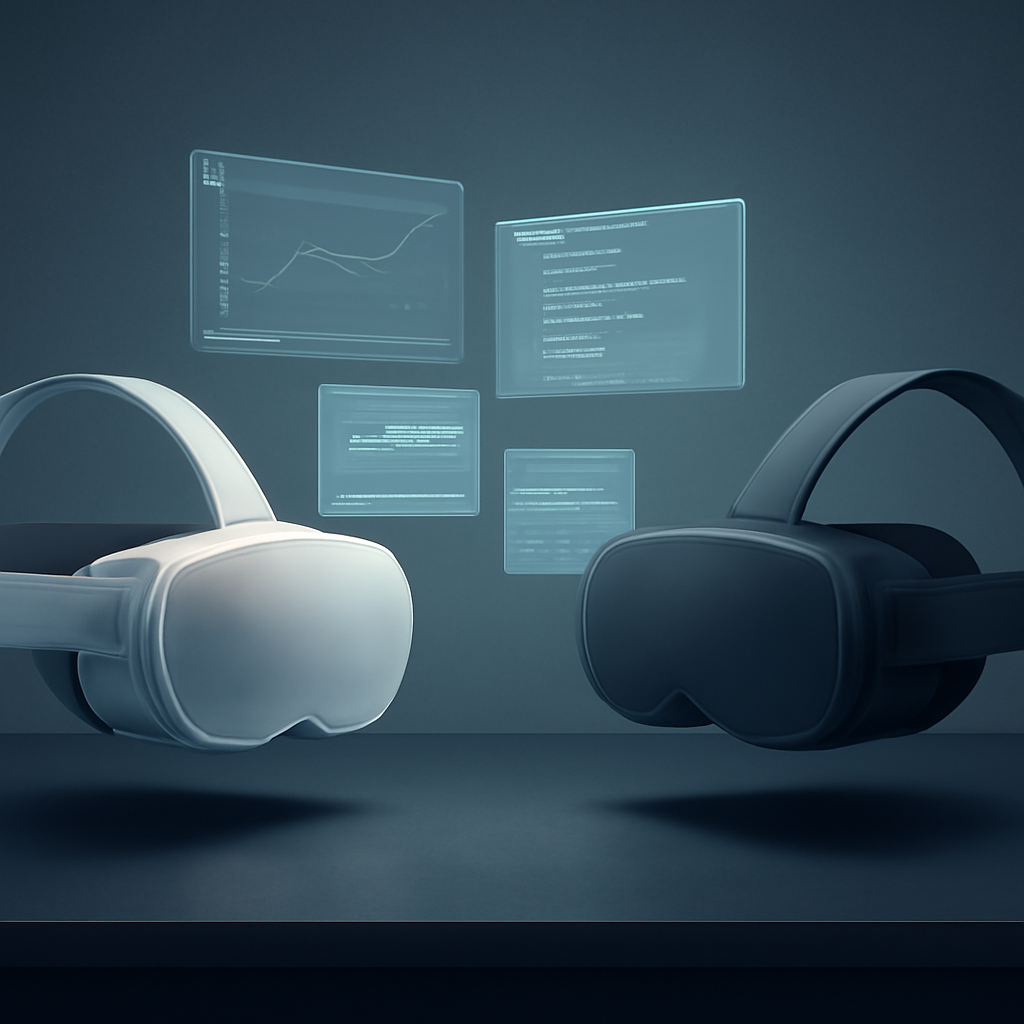 Two futuristic headsets, one white and one dark grey, face off on a desk with holographic data between them.