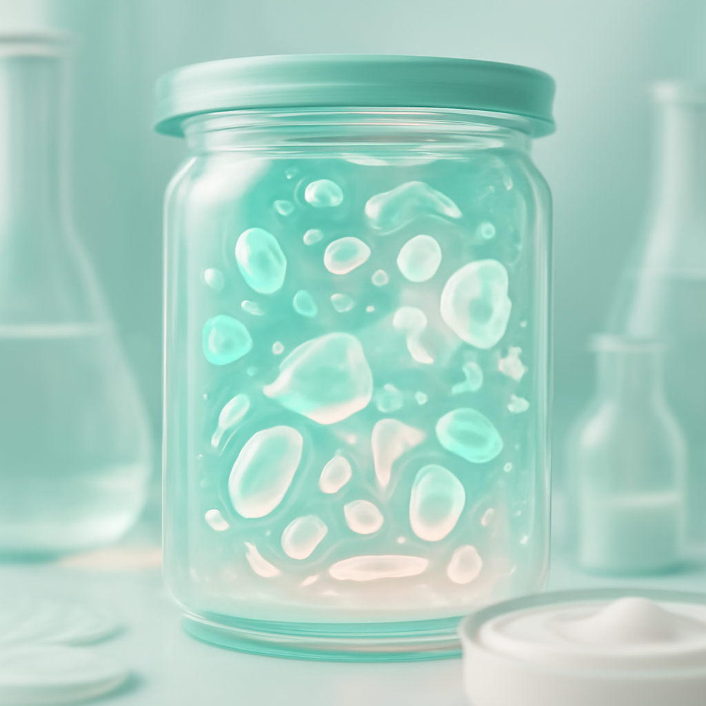 A glowing bioreactor where microorganisms are being cultivated to create sustainable beauty ingredients, representing microbial fermentation.