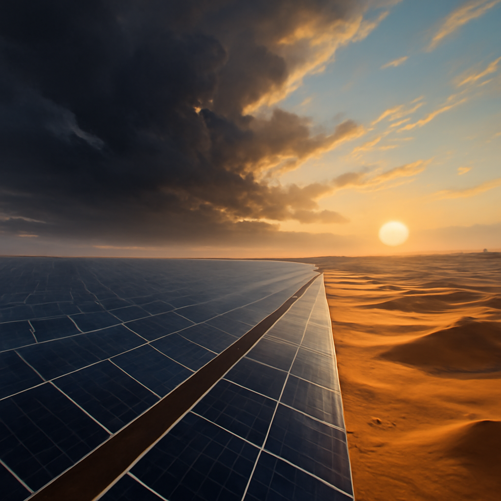 A vast solar panel array covering the Sahara desert under a dramatic, cloudy sky, suggesting a change in weather patterns.