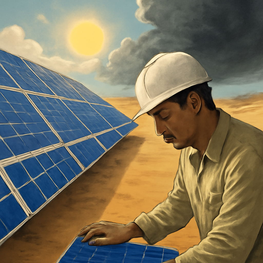 Aerial view of the sprawling Noor Ouarzazate Solar Power Station in Morocco, with its distinctive central tower.
