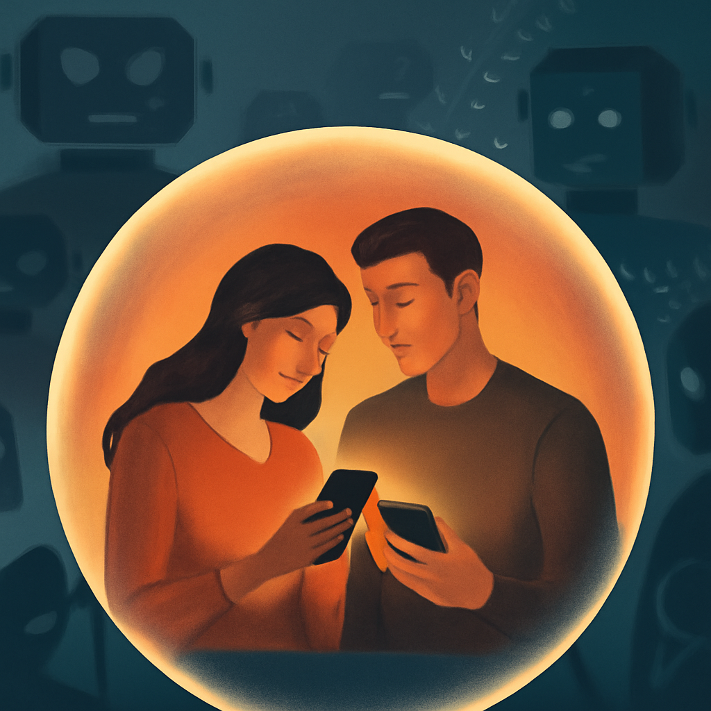 A couple inside a protective digital bubble, messaging privately on their phones, shielded from outside data-scraping entities.