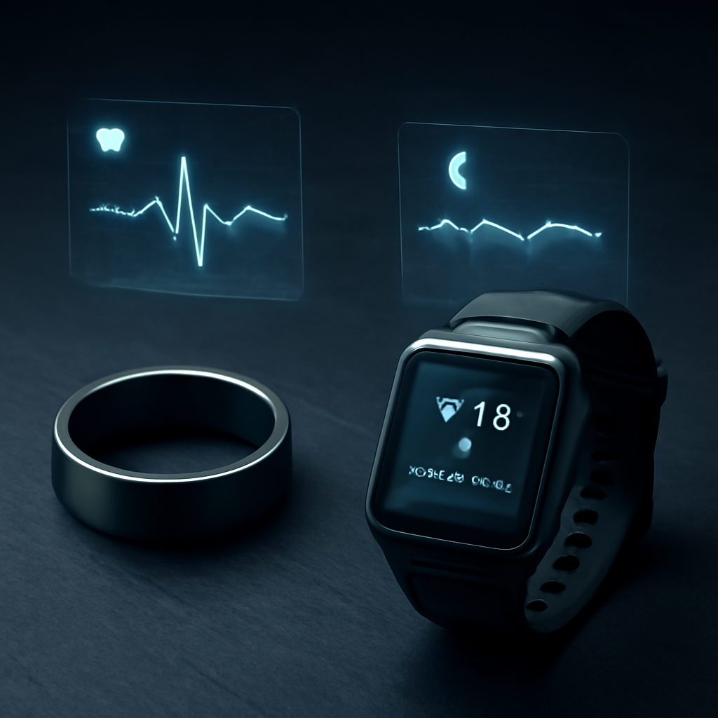 The Oura Ring Gen 4 and Apple Watch Ultra 2 side-by-side, with holographic health data floating above them.