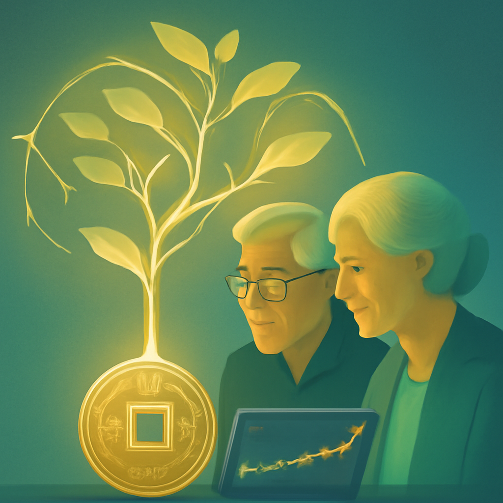 A glowing sapling grows from a Chinese coin, sheltering an elderly couple reviewing their finances, symbolizing portfolio growth and protection.