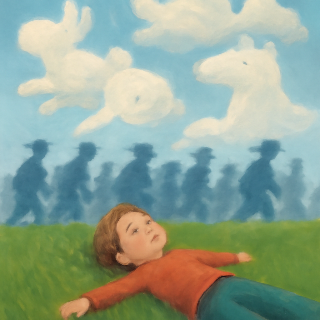 A child relaxes in a grassy field, representing the calm of the slow parenting movement, contrasted with rushing adults.