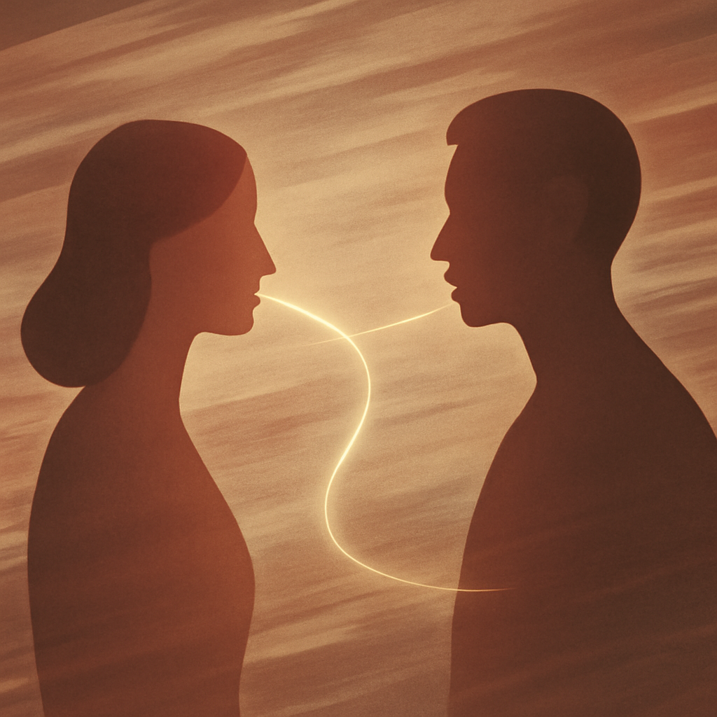 Abstract illustration of two figures connecting with a thread of light amidst a blur of fast motion, representing slow dating.