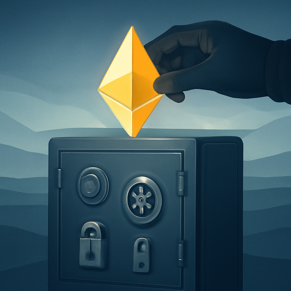 A glowing Ethereum logo being carefully placed into a secure financial vault, symbolizing conservative ETH staking.