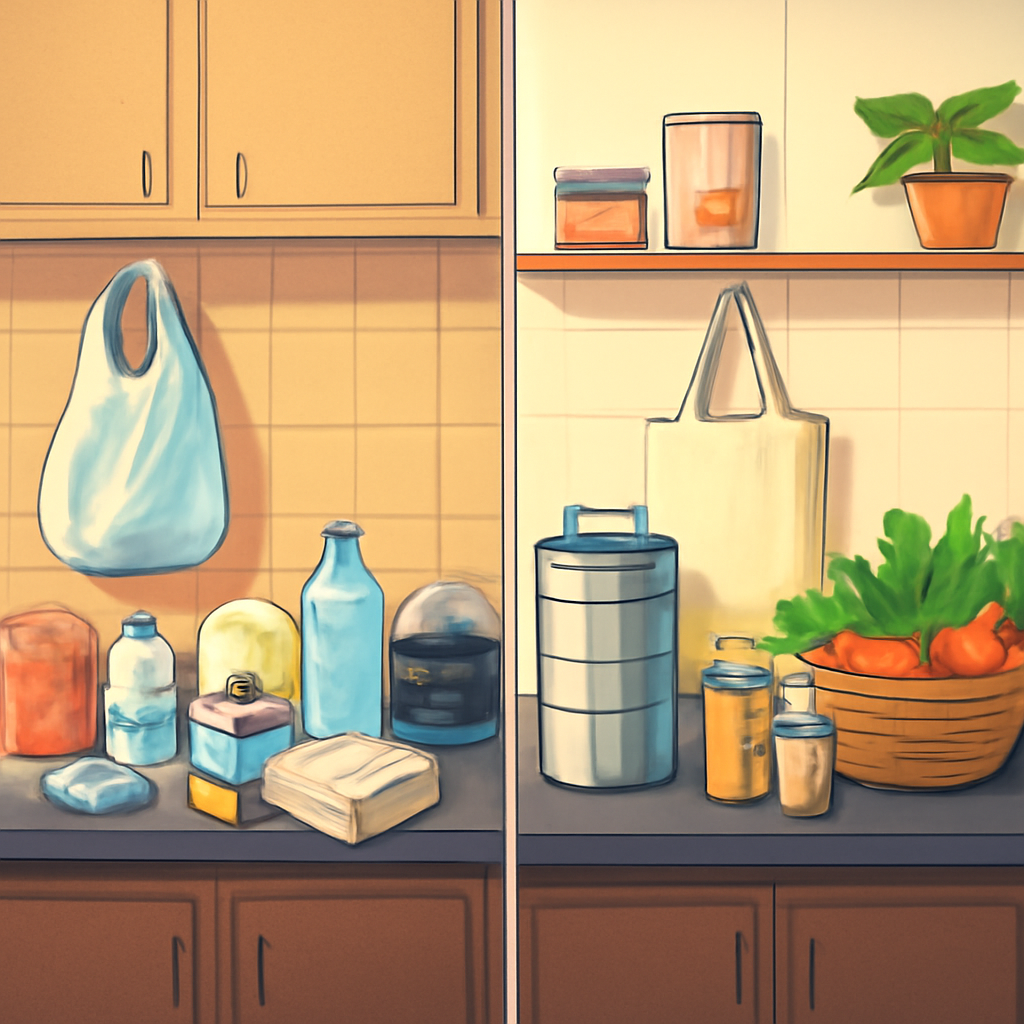 An illustration comparing a plastic-filled Indian kitchen with a sustainable, plastic-free kitchen.