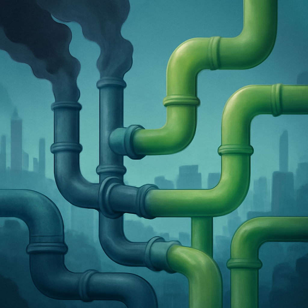 An abstract illustration of industrial pipes changing color from blue to green over a South Asian city backdrop.