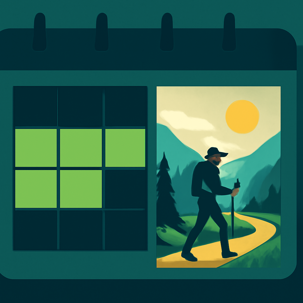 A modern calendar graphic showing a four-day work week, with the fifth day represented by a person enjoying leisure time outdoors.