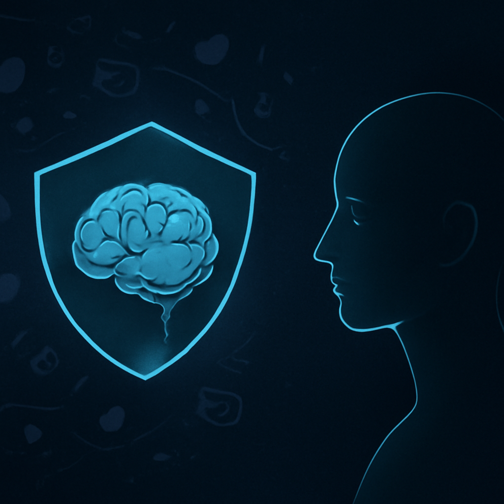 A serene human silhouette shielded from a storm of digital icons by a glowing blue AI structure, representing focus.