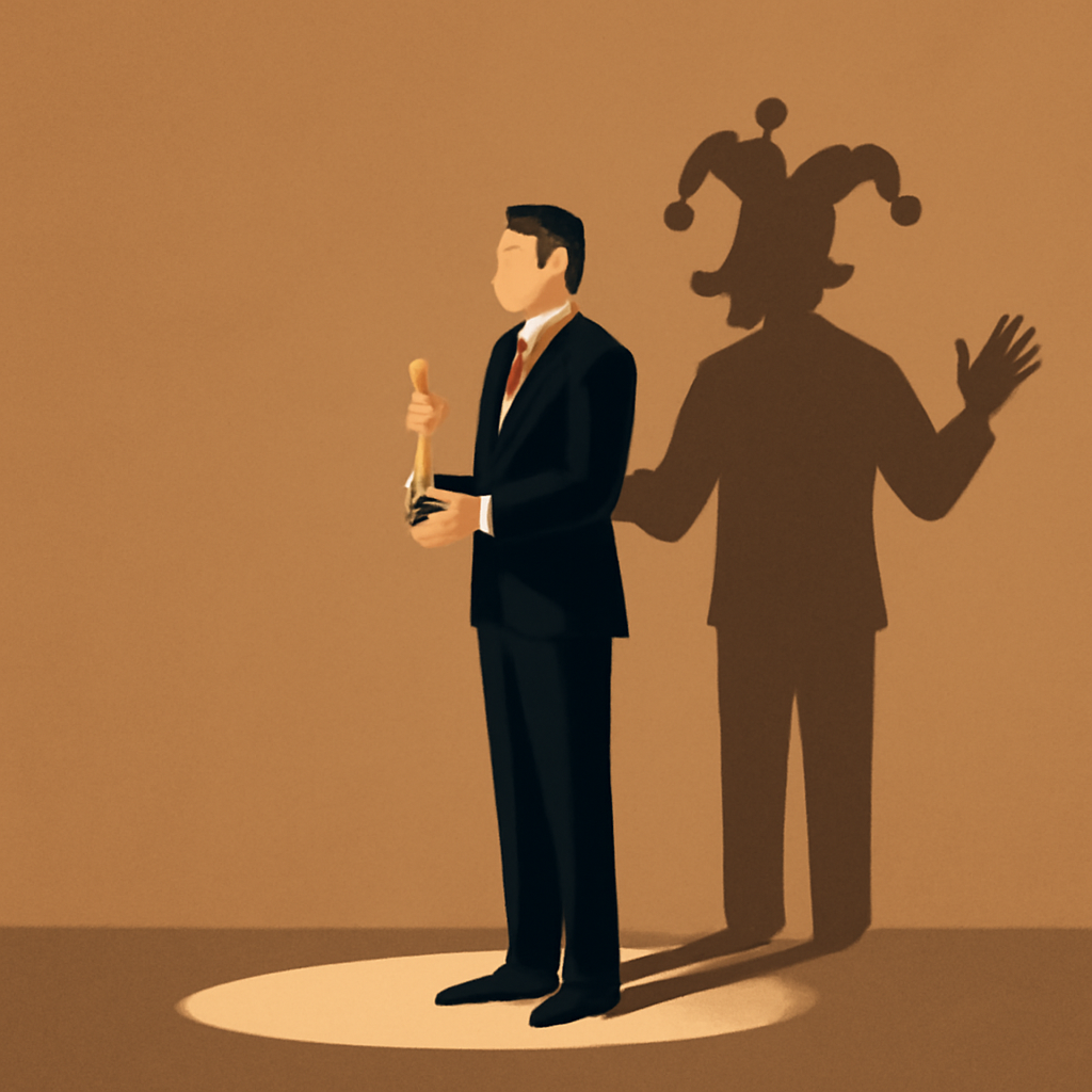 A person receiving an award on a stage, while their large shadow on the wall is shaped like a jester, symbolizing impostor syndrome.