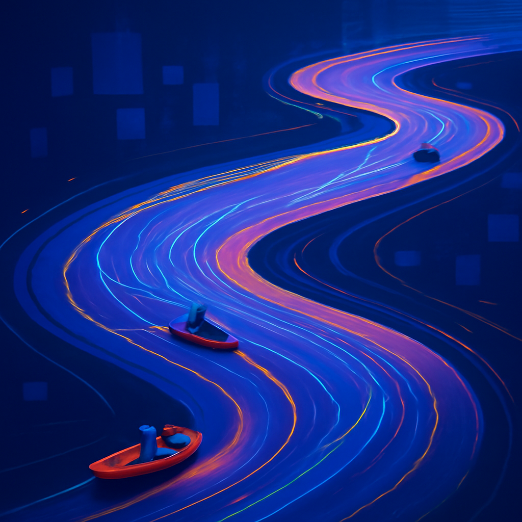 Abstract illustration of a digital sales pipeline where AI data streams guide clients towards a successful close.