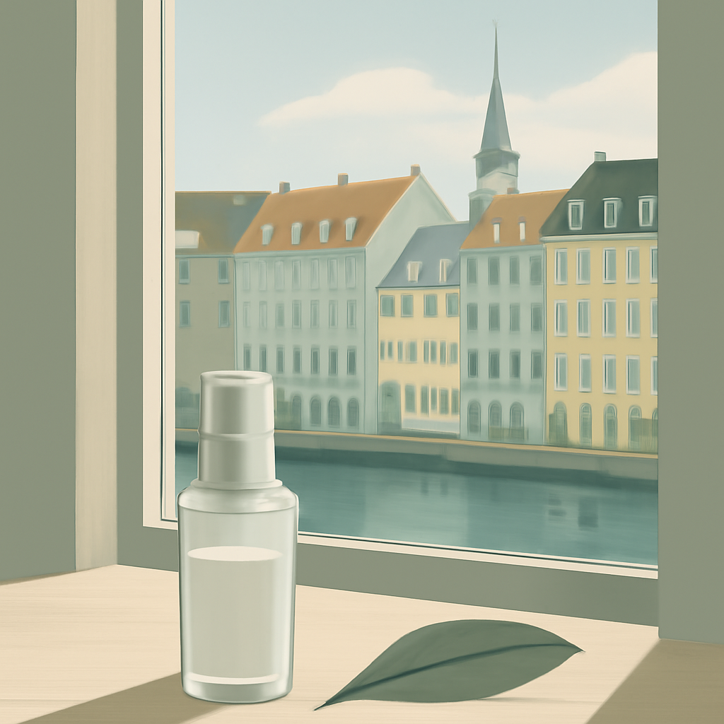A minimalist, refillable glass cosmetic bottle on a wooden table, with Copenhagen's colorful harbor in the background.