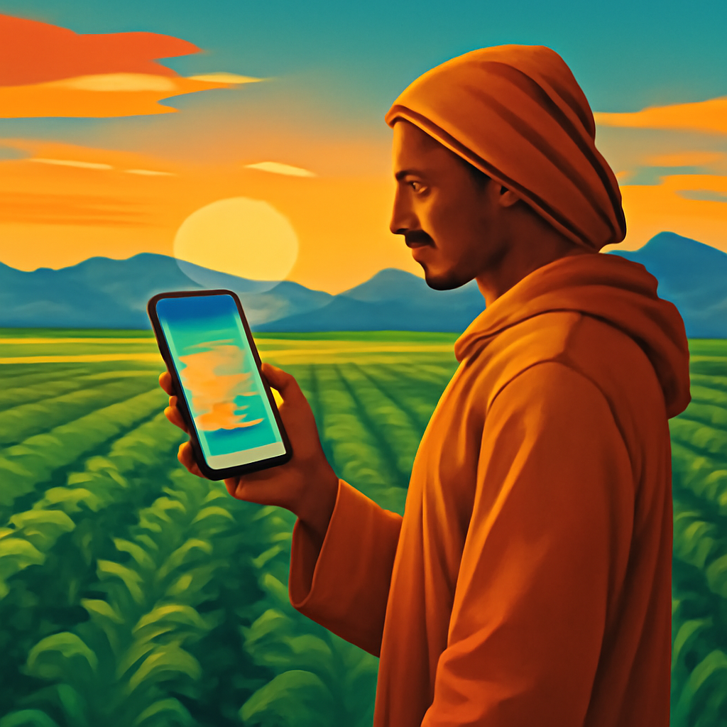 North African farmer using a smartphone app with a farm data map to manage crop irrigation.