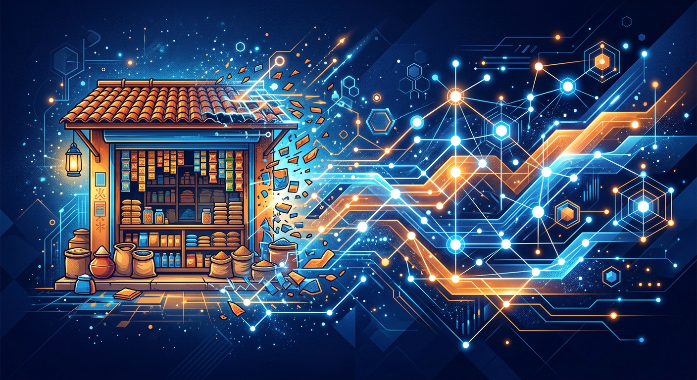 An abstract illustration showing a small business storefront being transformed into a digital network of financial data connections.