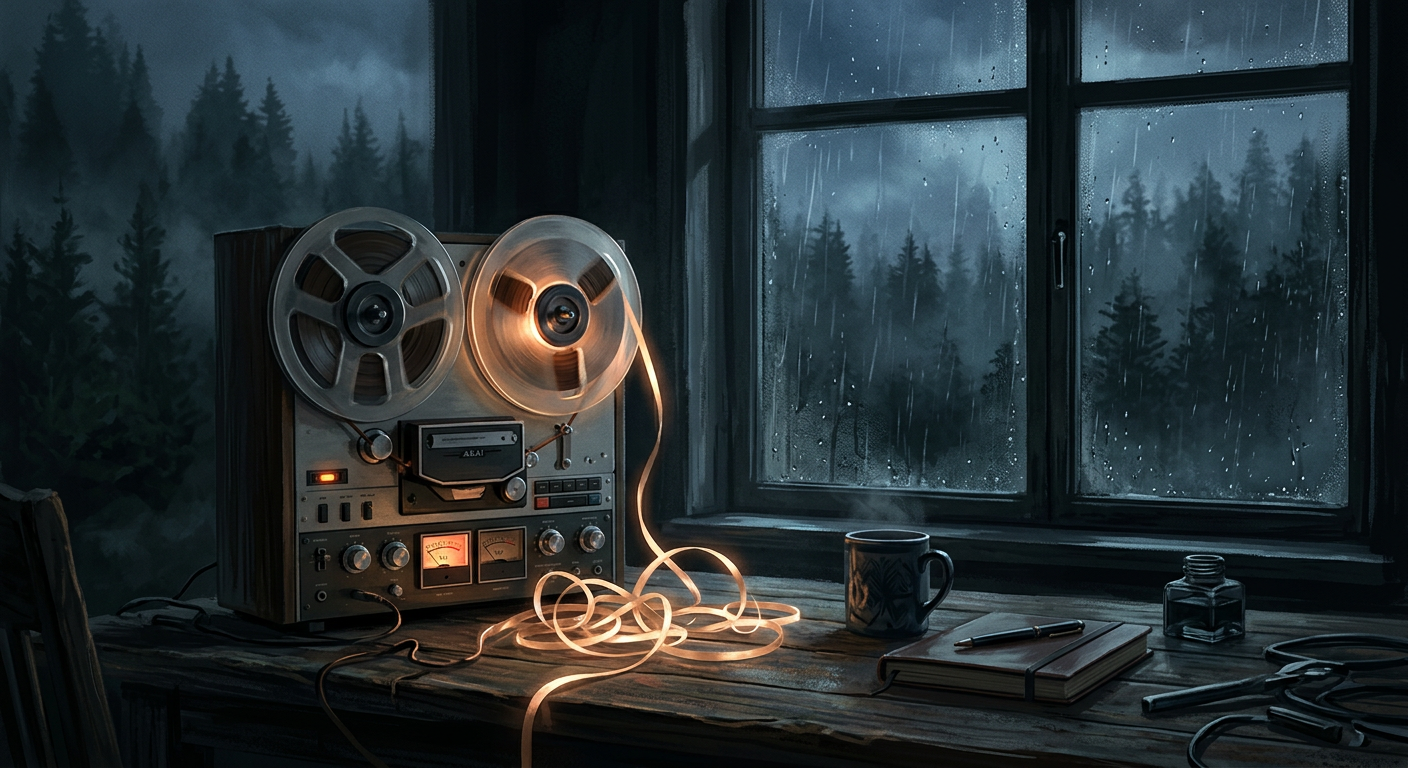 A vintage reel-to-reel tape player on a desk by a window with a view of a pine forest.