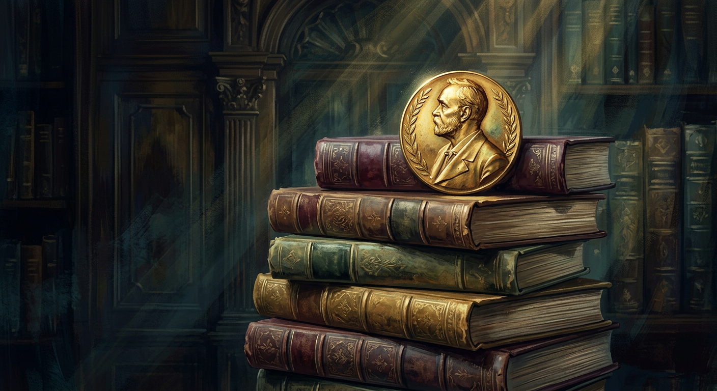 An illustration of a stack of books topped with a golden Nobel Prize medallion in a library setting.