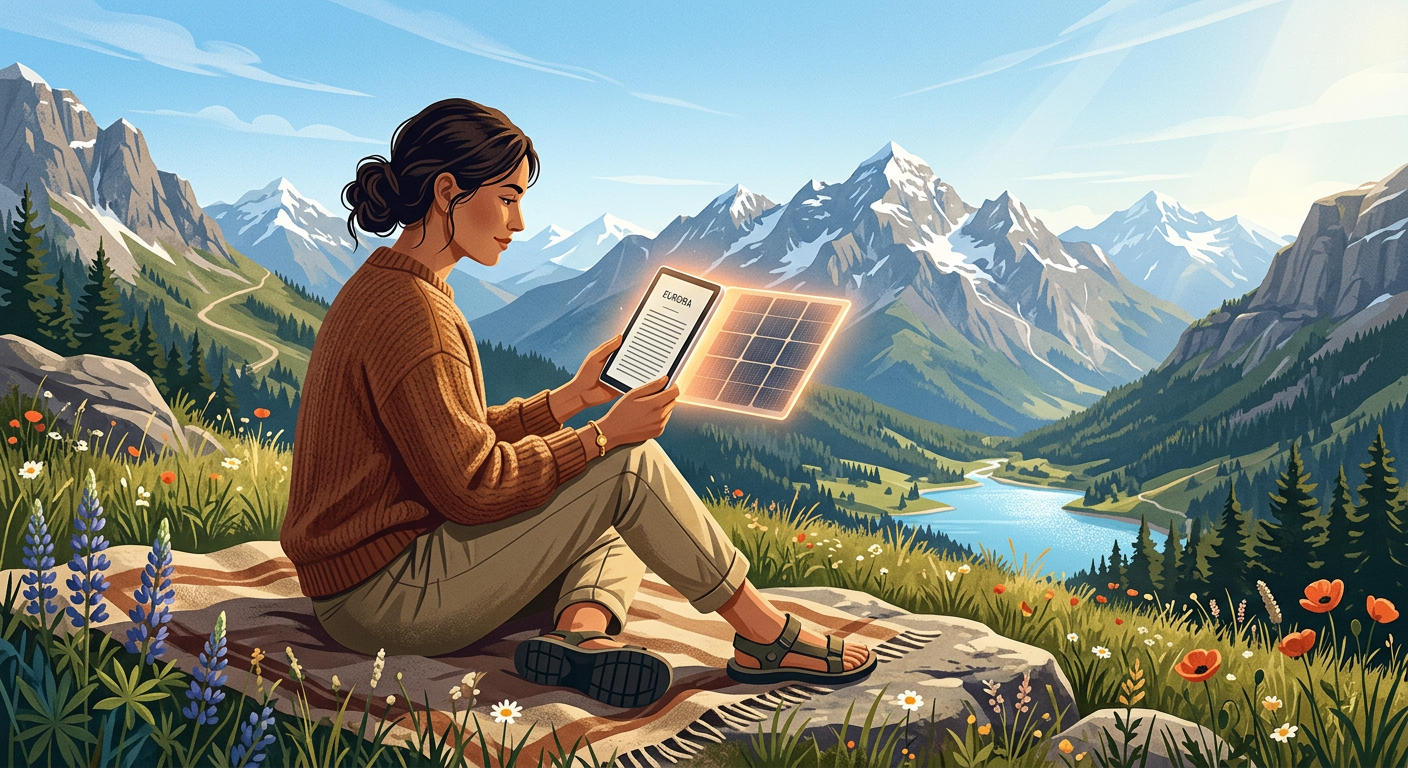 Person reading a solar-powered e-reader in a sunny mountain campsite, device's back facing the sun.