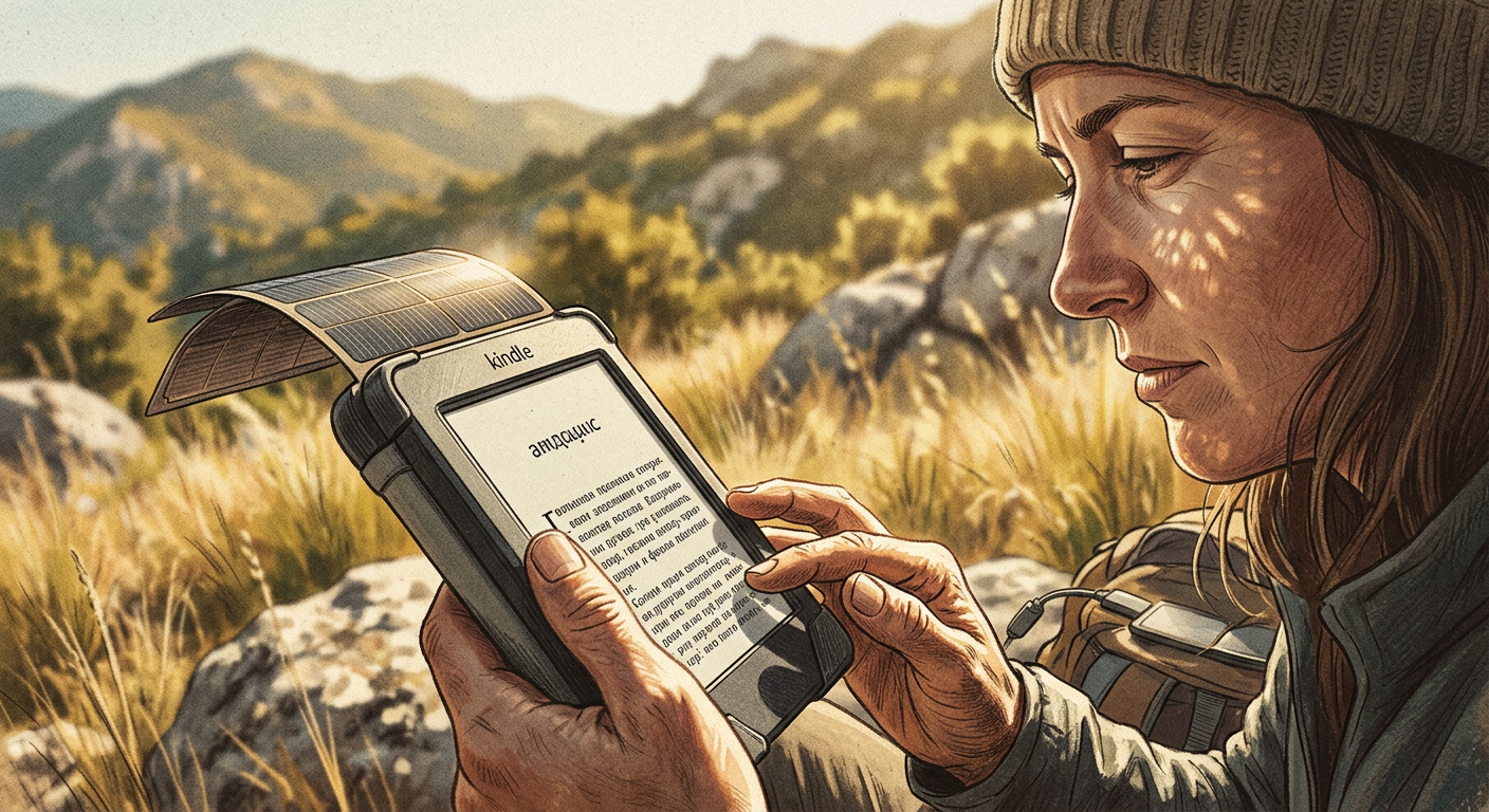 Close-up of a conceptually designed solar-powered e-reader with visible photovoltaic cells on its rear.