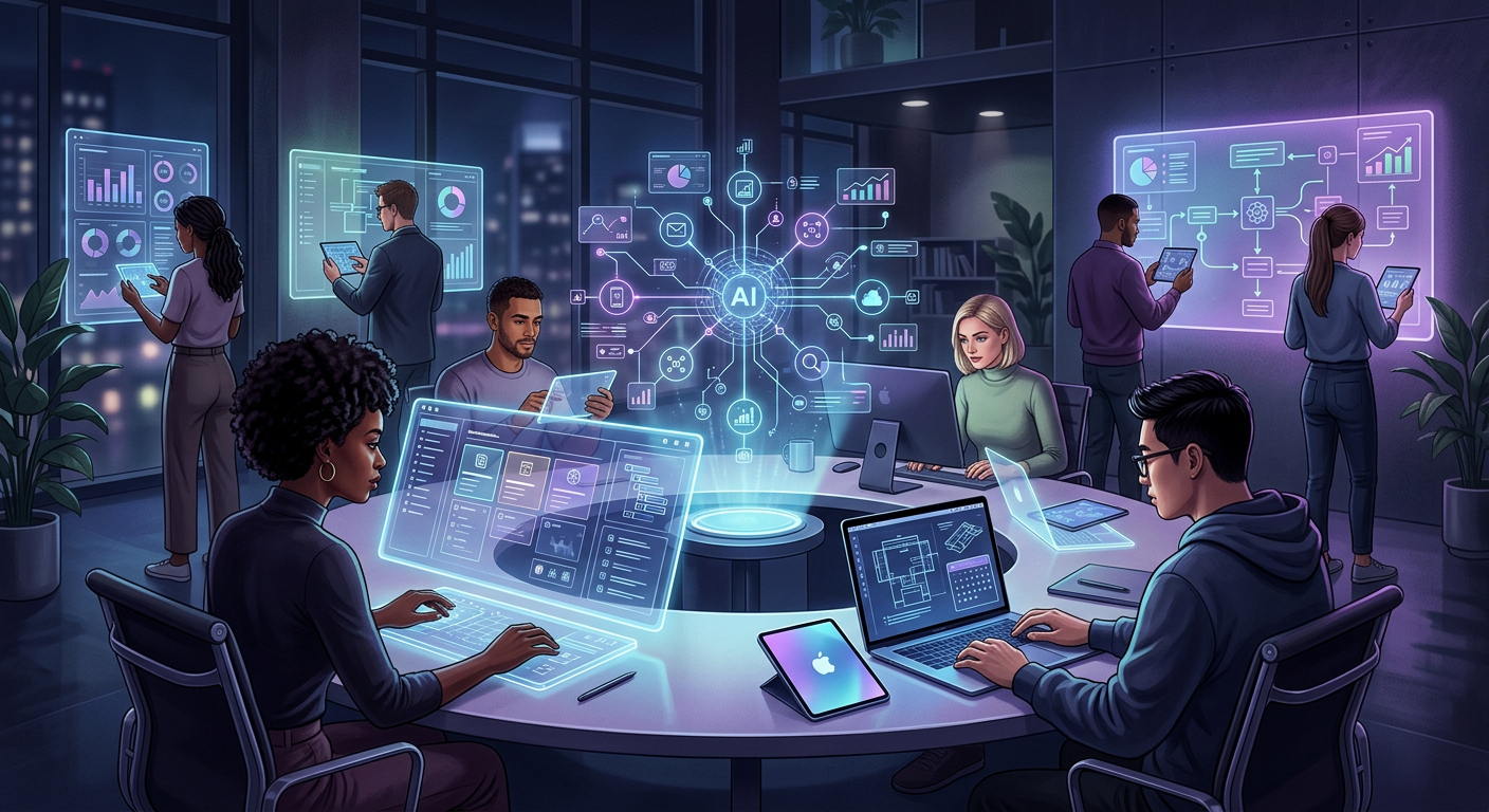 Une équipe de startup diversifiée interagissant avec des outils de collaboration basés sur l'IA dans un environnement de bureau futuriste aux couleurs vives.