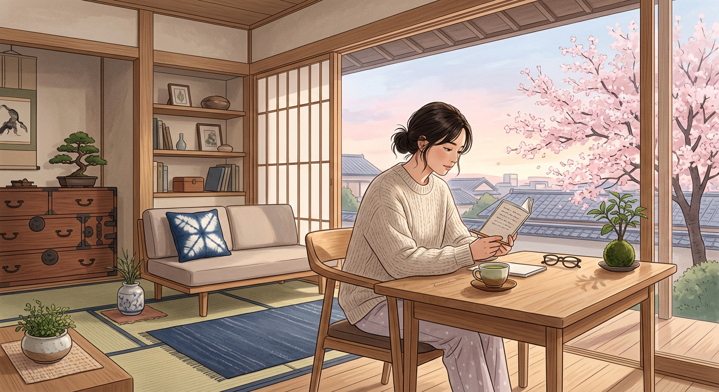 A peaceful Japanese apartment living room at dawn with a person reading, bathed in soft morning light through a window with cherry blossoms.
