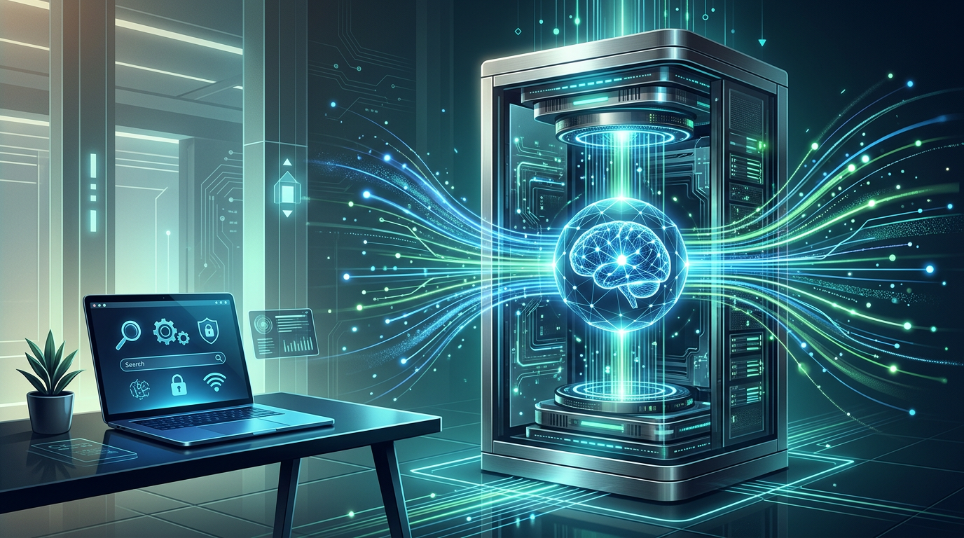 Futuristisches Server-Rack mit blauen Lichtern und einem Laptop, der eine private KI-Suchmaschine anzeigt.