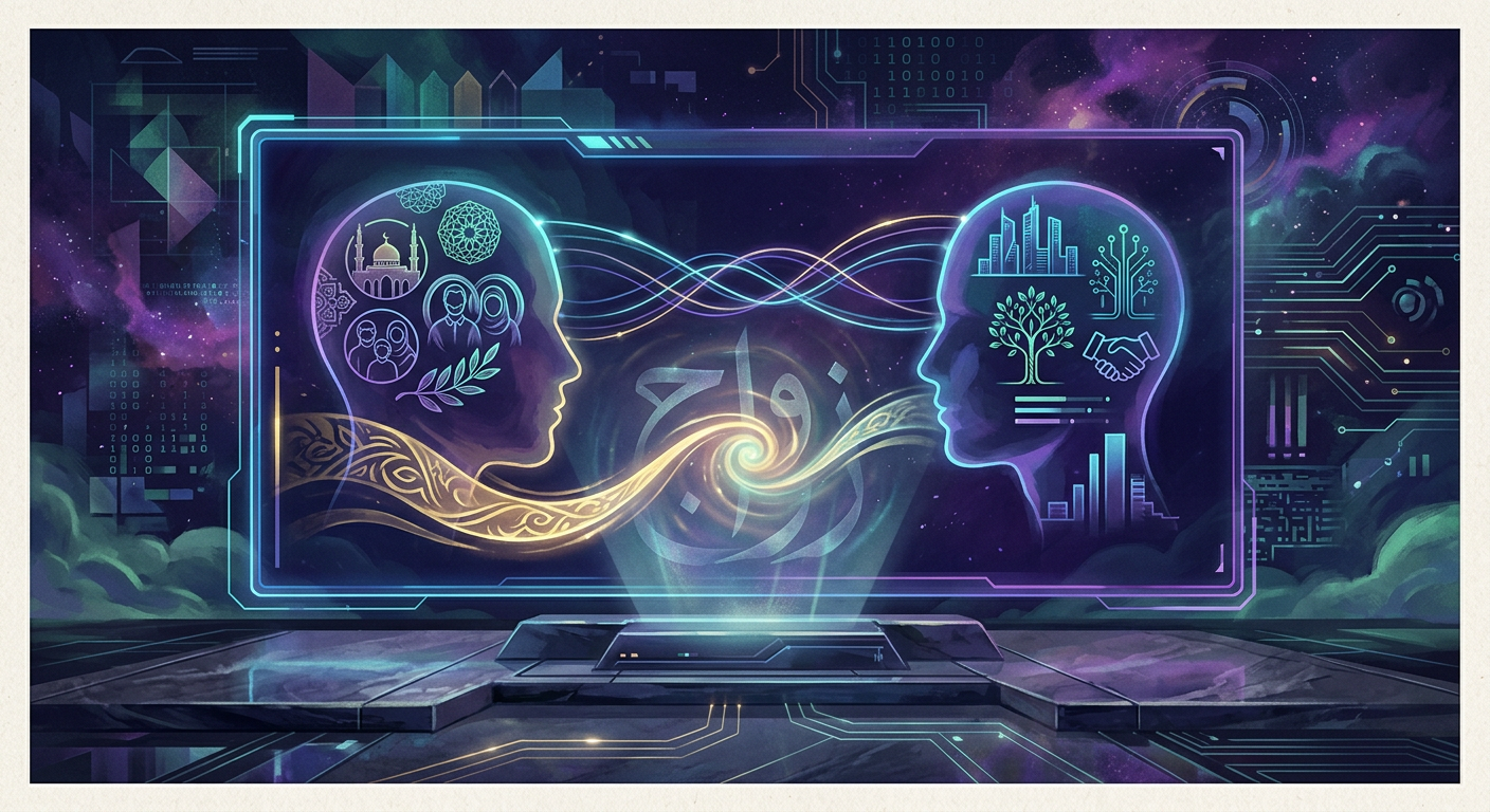 Futuristic interface of 'Zwaj' AI matchmaking, highlighting cultural compatibility and family values through glowing data connections.