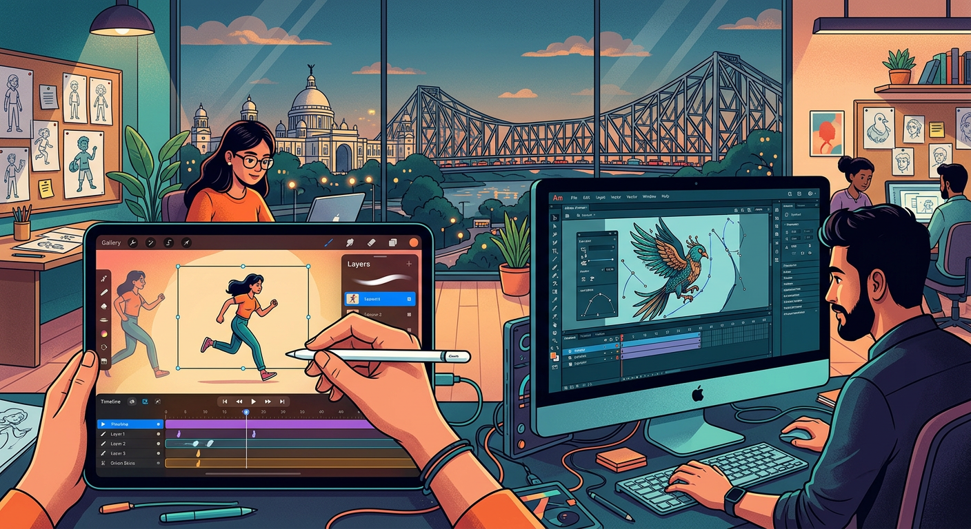 Animated illustration comparing Procreate Dreams on an iPad and Adobe Animate on a desktop, set against a Kolkata backdrop.
