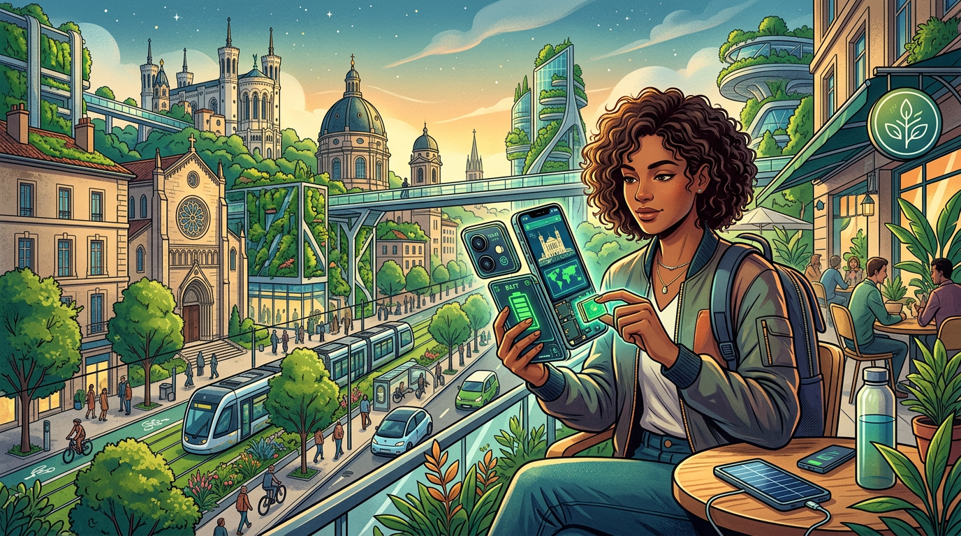 Digital nomad using a modular smartphone in Lyon, showcasing repairability and sustainability.