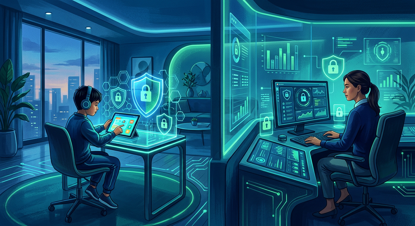A secure digital learning environment for a Gen Alpha student, protected by advanced privacy features.
