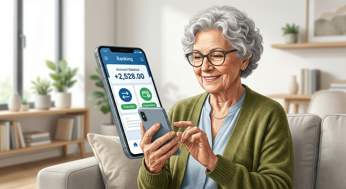 Une personne âgée souriante utilisant une application bancaire sur smartphone avec une interface claire et contrastée.