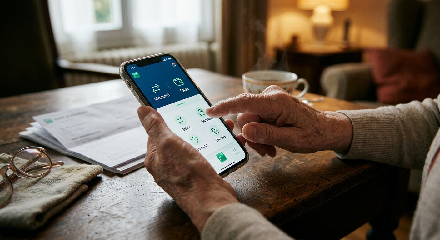 Une personne âgée aux cheveux gris et aux lunettes utilisant un smartphone pour une application bancaire, illustrant l'accessibilité.