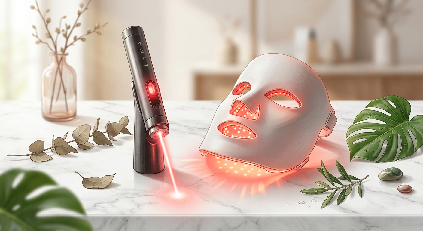 Ein futuristischer, eleganter Lyma Laser mit rotem Licht neben einer LED-Gesichtsmaske auf Marmor.