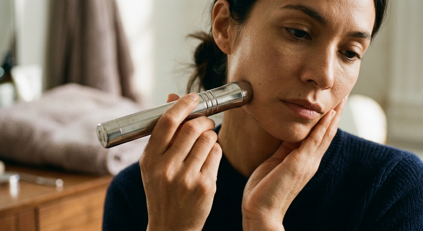 Nahaufnahme eines handgehaltenen Low-Level-Lasertherapiegeräts in Gebrauch auf der Haut.