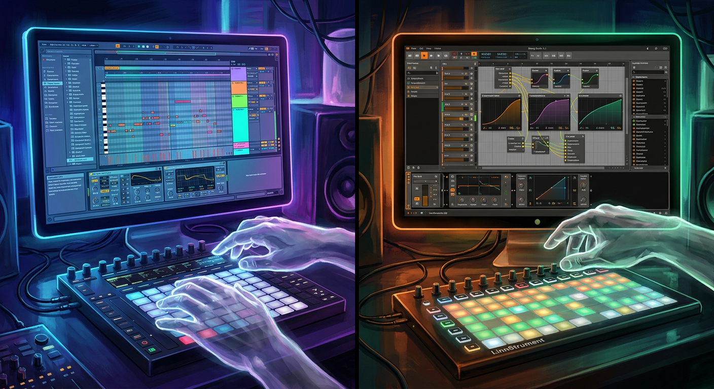 Interface dividida mostrando Ableton Live 12.1 com dados MPE e Bitwig Studio 5.2 com The Grid, com controladores MPE