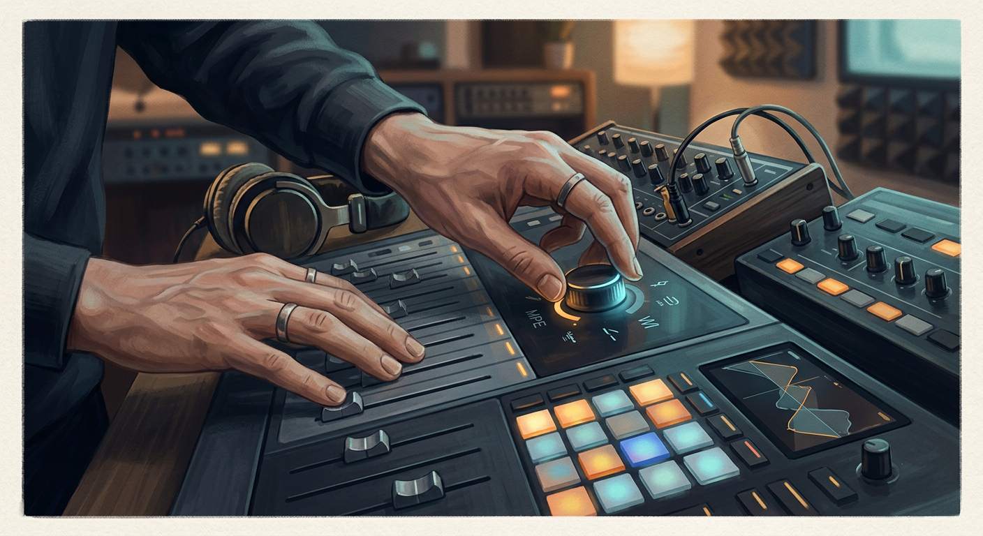Close-up de um controlador musical Roli Seaboard com suas teclas onduladas e sensíveis ao toque.