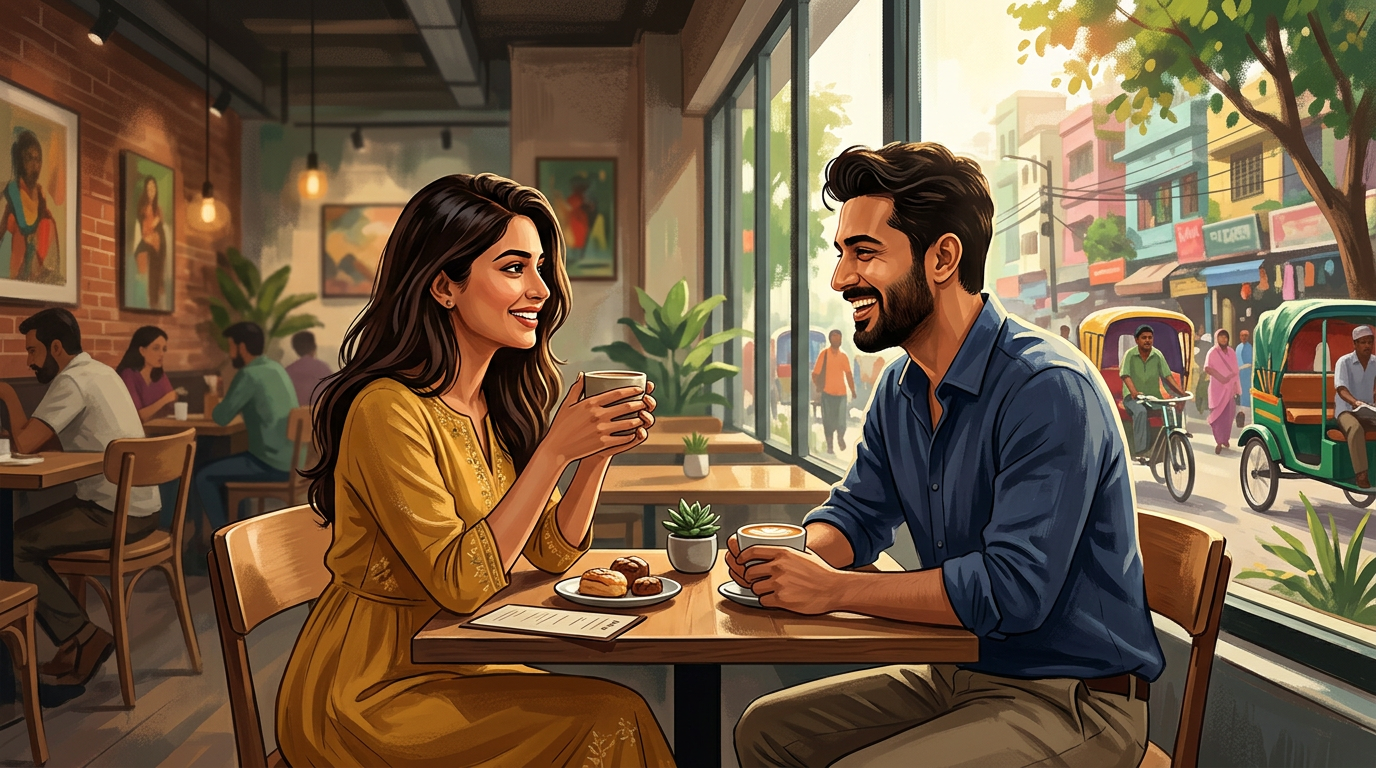 A young couple on a first date in Dhaka, dressed in stylish ethical fashion, smiling confidently.