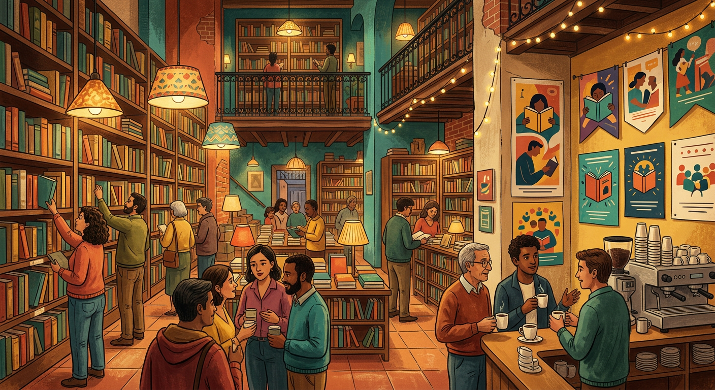 Librería independiente animada en una ciudad latinoamericana con gente leyendo y comprando libros.