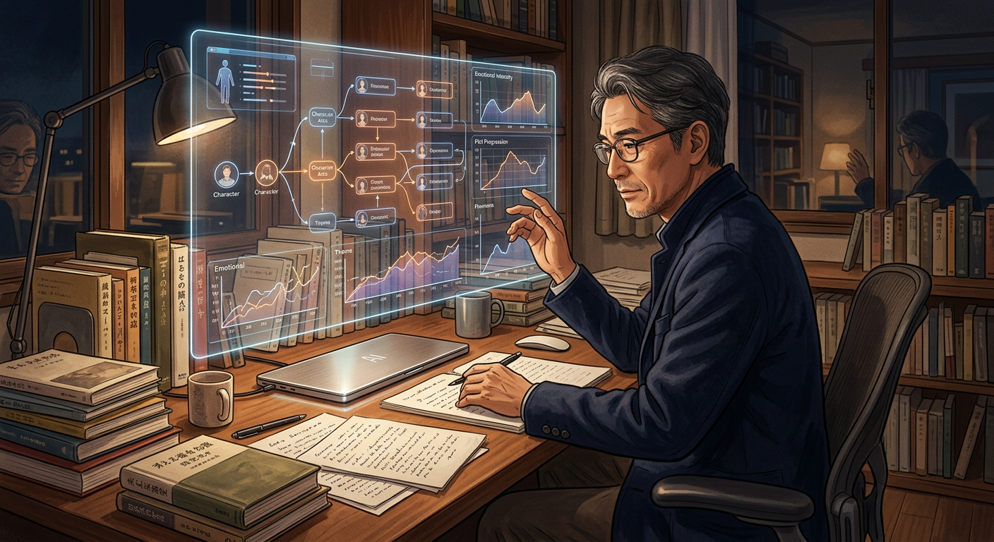 Japanese author contemplating complex holographic narrative charts generated by AI for a novel.