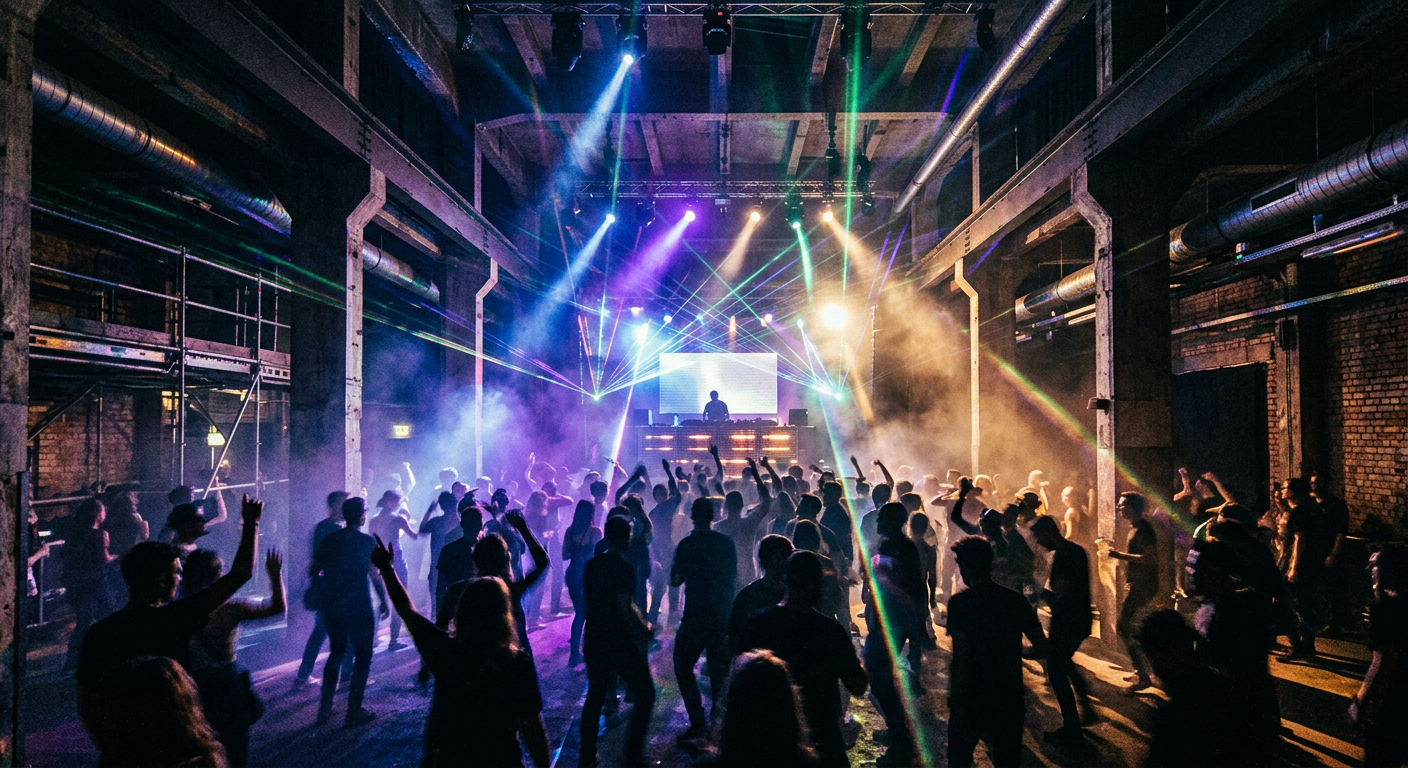 Neon lights and smoke fill a techno club in Berlin Friedrichshain, showing blurred figures dancing.