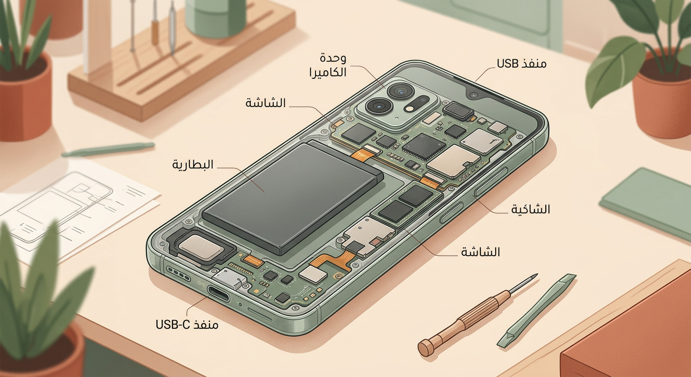 Internal view of a disassembled Fairphone 6 showing its modular components and repair-friendly design.