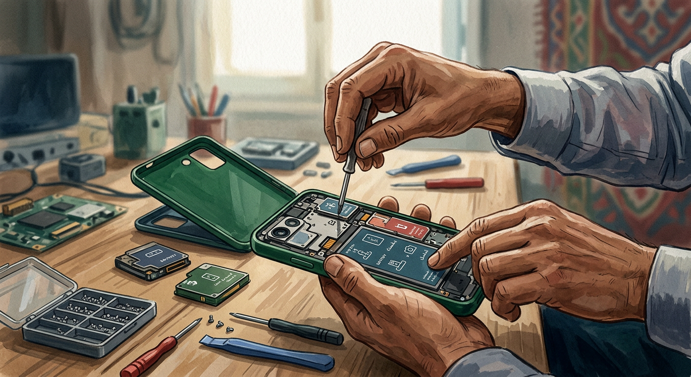 A close-up image of a Fairphone 3's modular components separated, demonstrating its repairability.