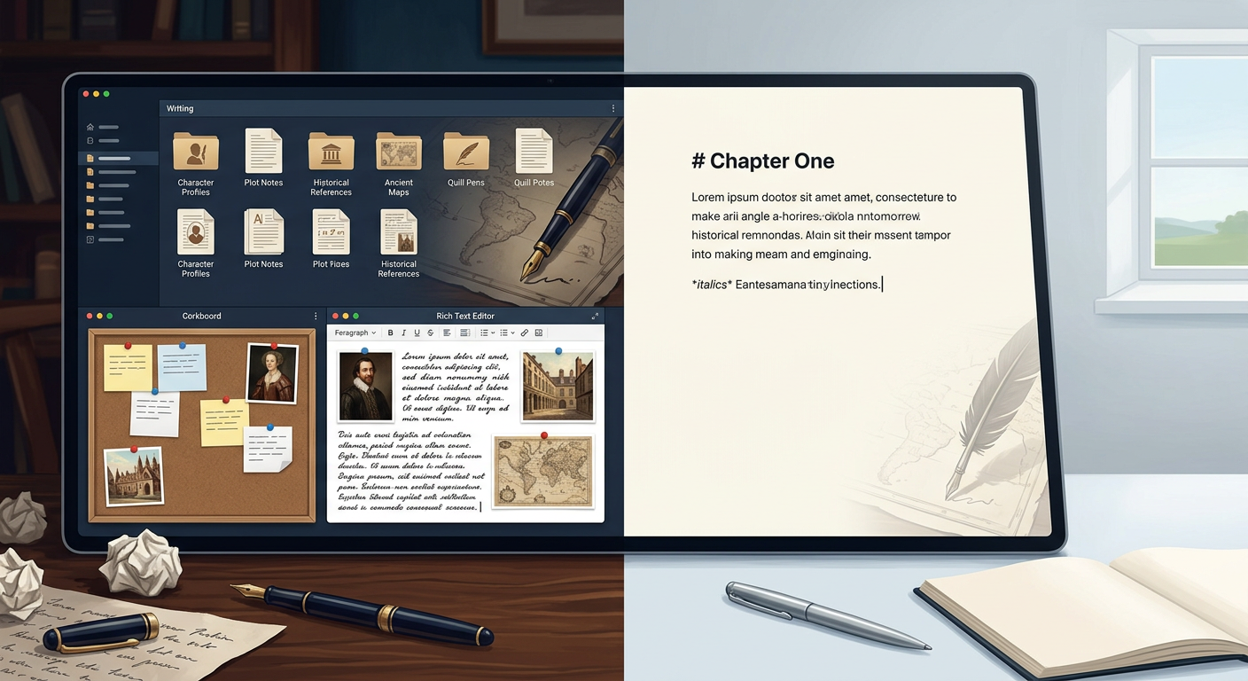 Side-by-side comparison of Scrivener and Ulysses interfaces, illustrating organizational depth versus writing focus.